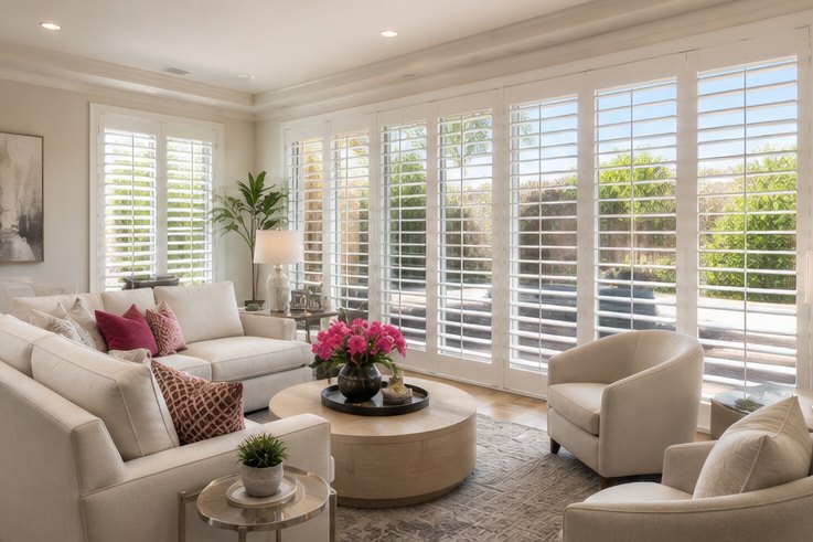 Bright family room with white shutters