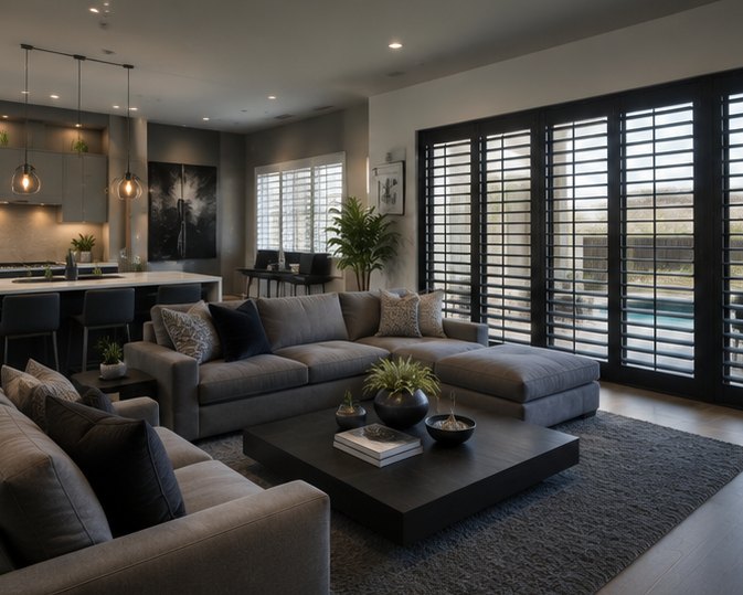 Patio doors with dark shutters